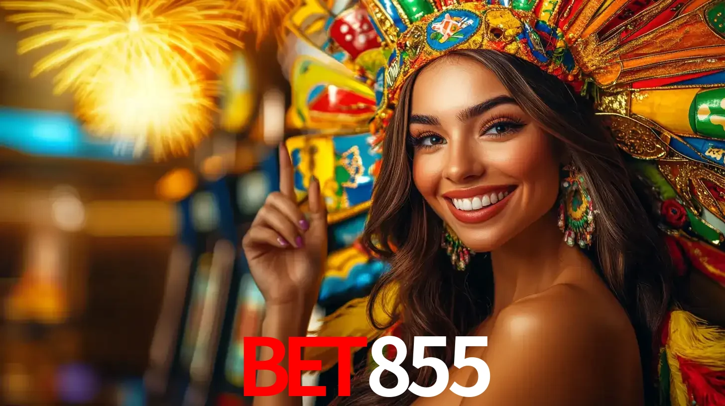 Mulher sorridente com um cocar de carnaval vibrante e colorido, celebrando uma grande vitória nos jogos do cassino BET855 com fogos de artifício ao fundo.