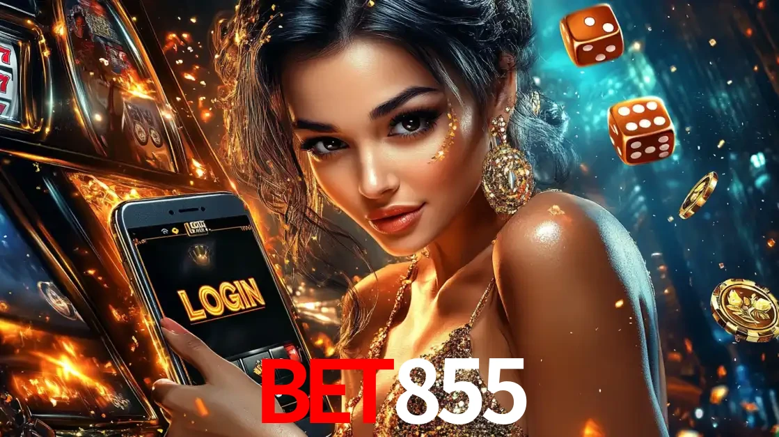 Mulher glamourosa segurando um celular com a tela de login do cassino BET855, rodeada por dados e moedas douradas, pronta para começar a diversão.