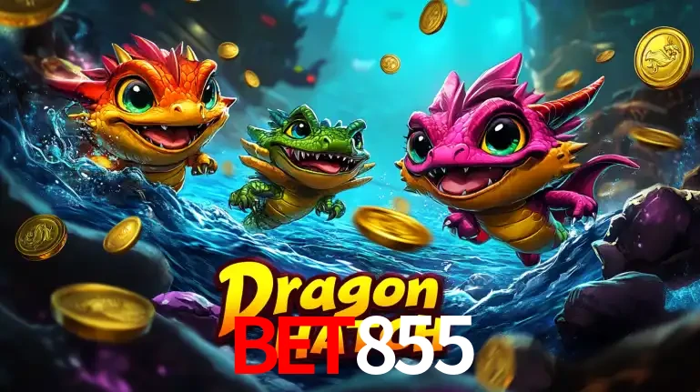 Arte promocional do jogo Dragon Hatch com três adoráveis dragões bebês nadando entre moedas de ouro, um dos slots mais divertidos para jogar no cassino BET855.