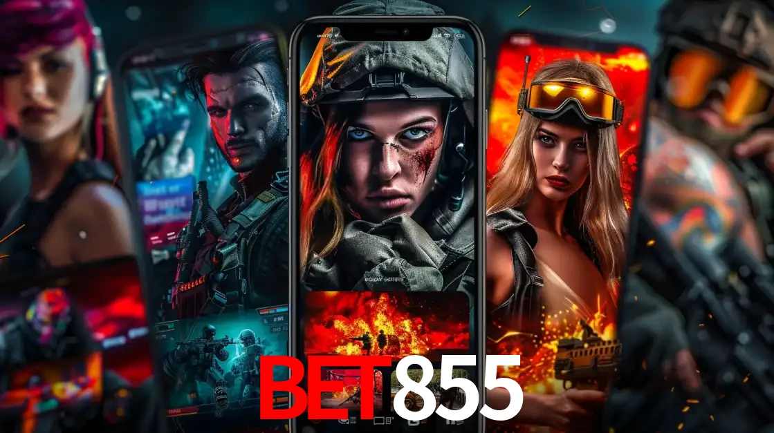 Montagem de telas de celular mostrando diversos personagens, masculinos e femininos, de um jogo de tiro, ilustrando a diversidade de equipes de e-sports para apostar no BET855.