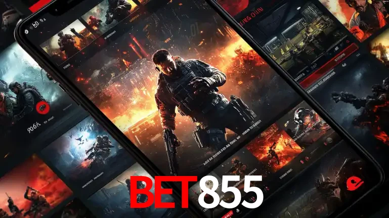 Tela de um celular exibindo uma galeria de jogos de tiro com temática militar, mostrando a variedade de e-sports disponíveis para apostas na plataforma de entretenimento BET855.