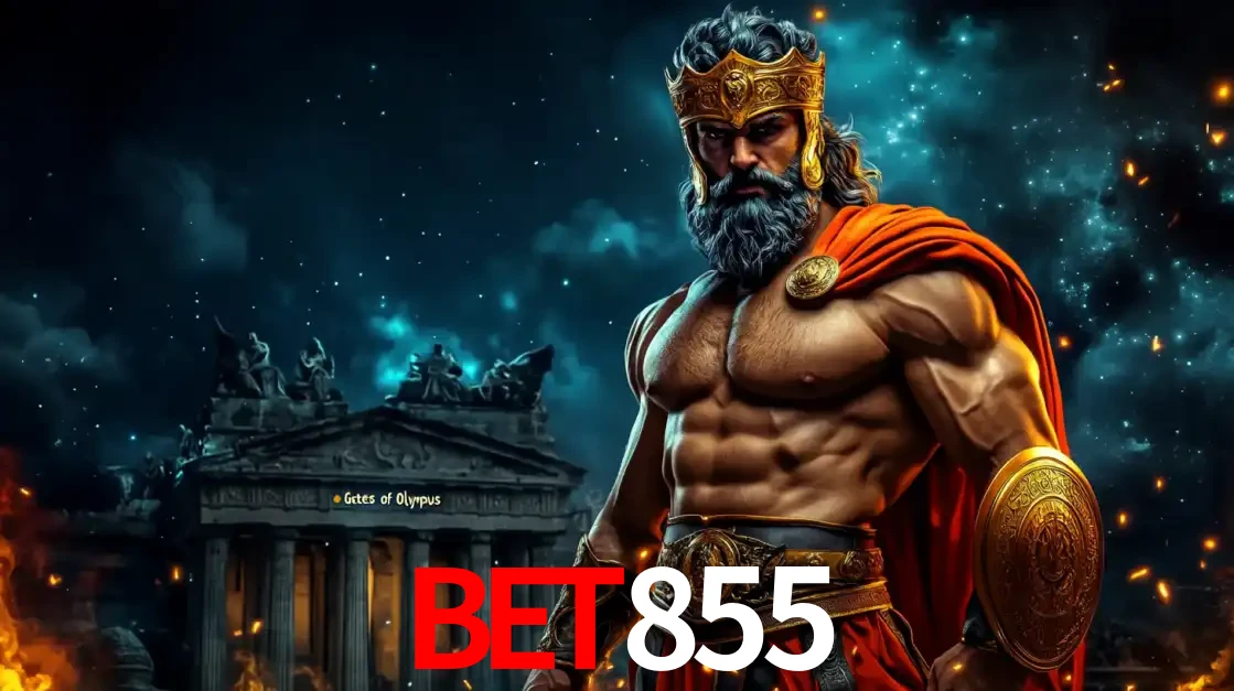 O poderoso Zeus do jogo de slot Gates of Olympus em frente ao seu templo, pronto para lançar multiplicadores divinos e prêmios épicos no cassino online BET855.