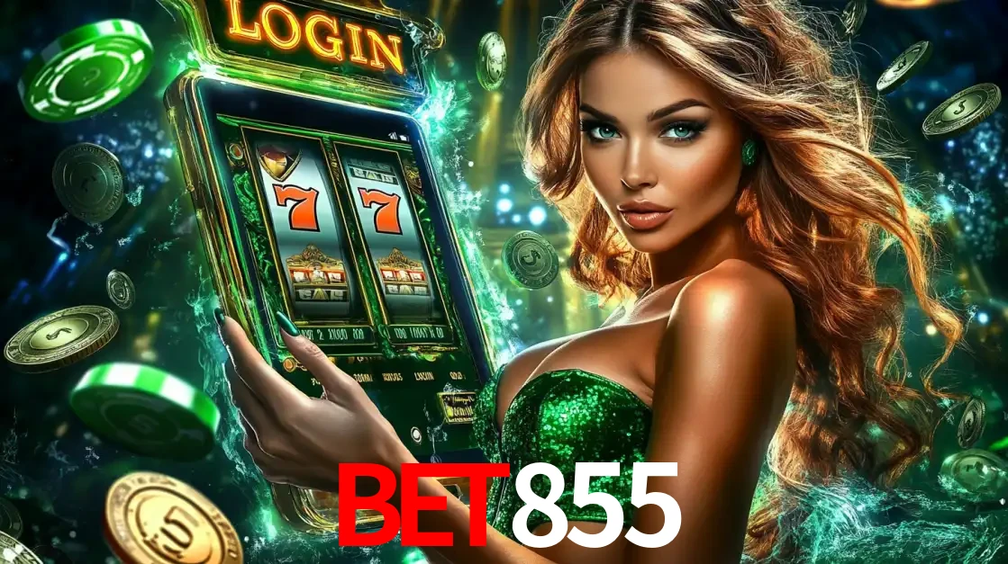 Mulher com tema verde apresentando o aplicativo do cassino BET855 com um jogo de slot de 777, cercada por fichas de cassino e uma aura de sorte.