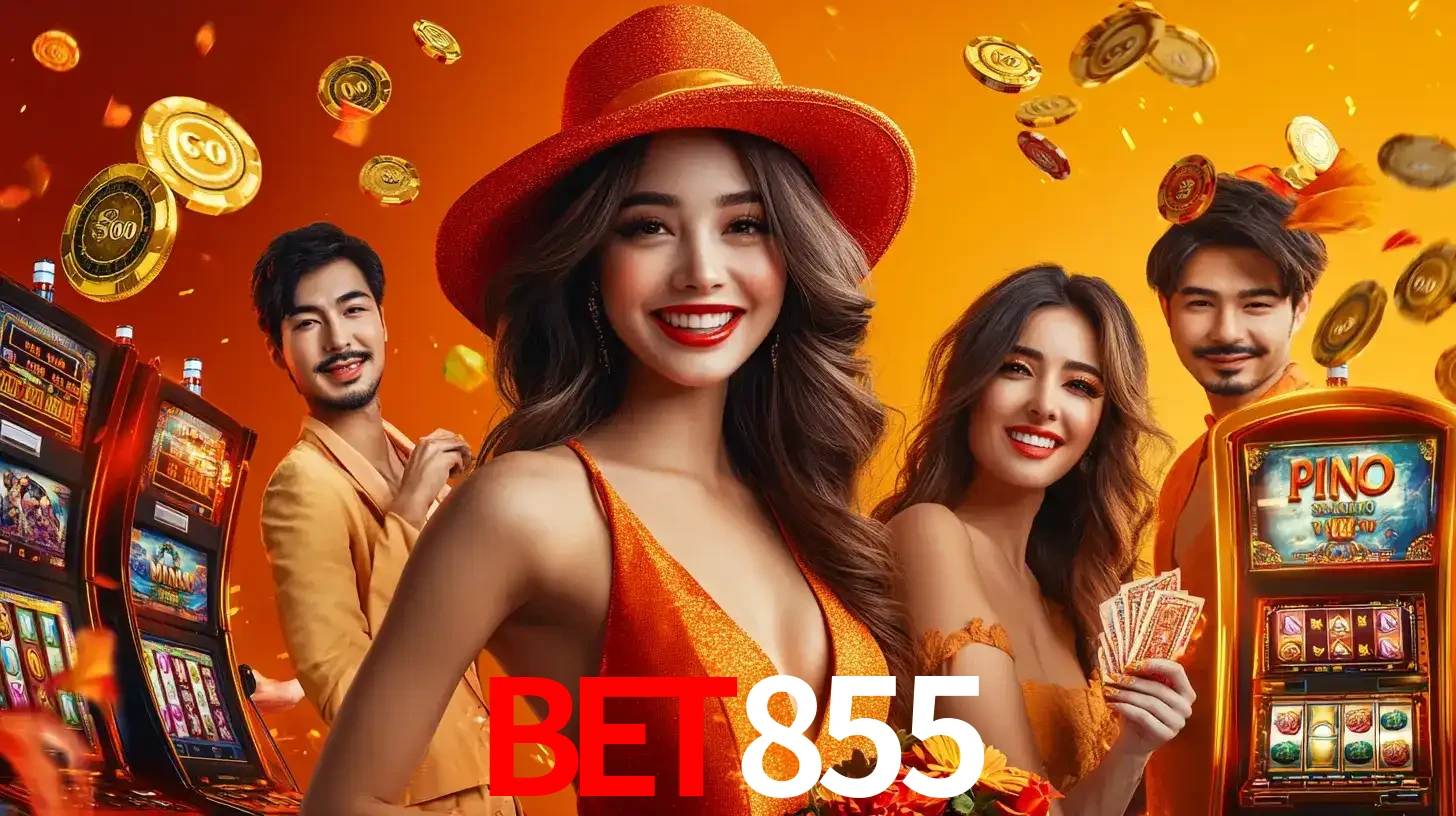 Grupo de amigos asiáticos sorrindo e se divertindo com máquinas de caça-níqueis em um ambiente festivo, celebrando suas vitórias nos jogos de cassino do BET855.