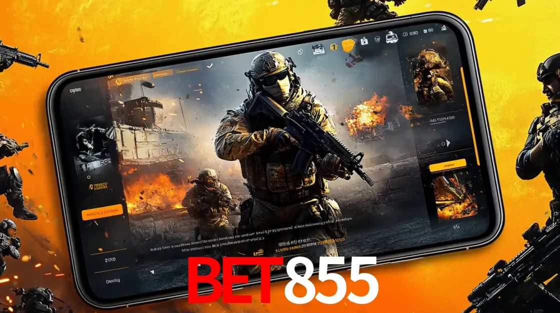 Um smartphone exibindo a interface de um jogo de tiro em primeira pessoa, com um soldado em um cenário de batalha, representando a ação dos e-sports para apostar no BET855.