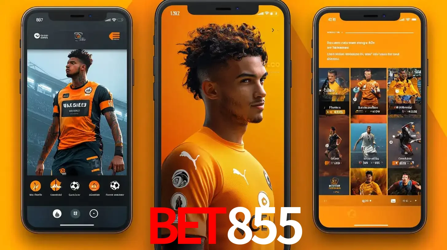 Interface do aplicativo de apostas esportivas BET855 em três telas de celular, mostrando o perfil de um jogador de futebol e a lista de jogos disponíveis para apostar.