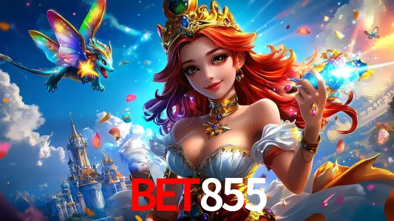 A princesa de um reino de fantasia mágico, com seu pequeno dragão, apresentando um mundo de prêmios encantados nos jogos de caça-níqueis do cassino BET855.