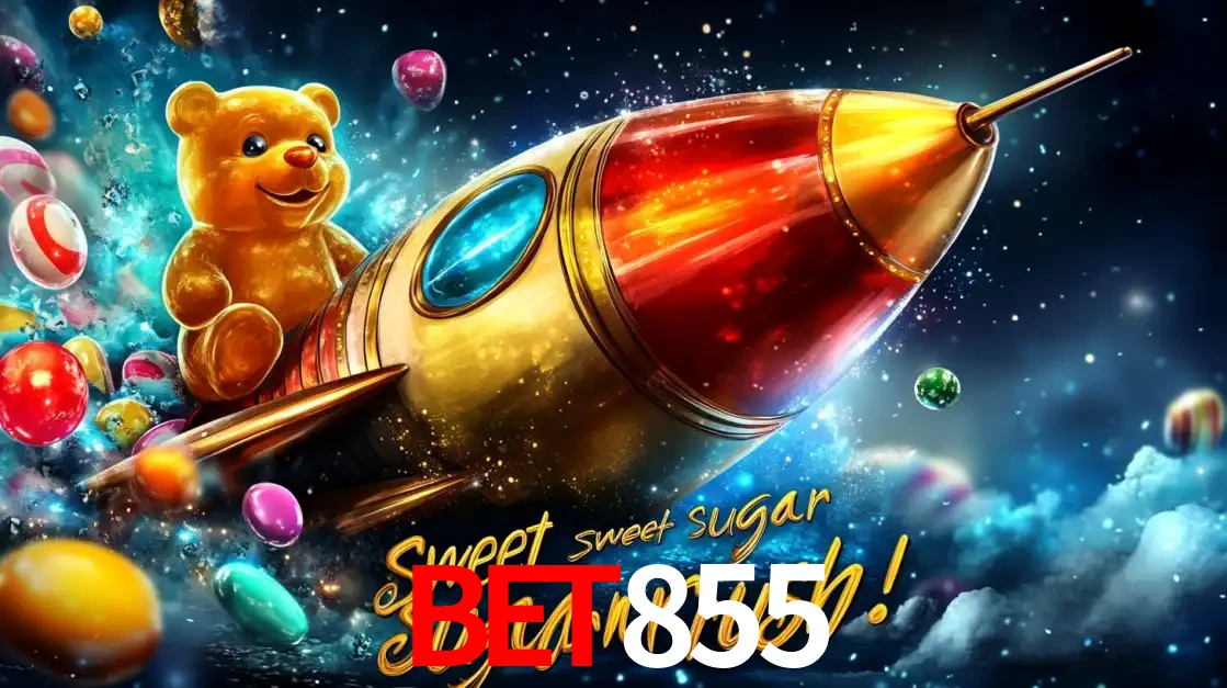 Arte promocional do jogo de slot Sugar Rush, com um urso de pelúcia em um foguete viajando pelo espaço de doces, um dos jogos divertidos disponíveis no cassino BET855.