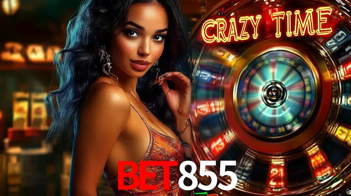 Mulher elegante ao lado da vibrante roda da fortuna do jogo de cassino ao vivo Crazy Time, um dos game shows mais populares e cheios de prêmios do BET855.