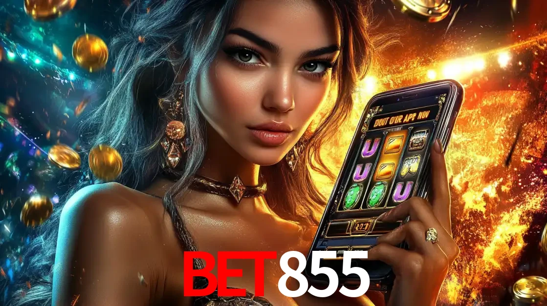 Mulher elegante mostrando um jogo de caça-níqueis em seu smartphone, destacando a experiência de cassino móvel oferecida pelo aplicativo BET855.