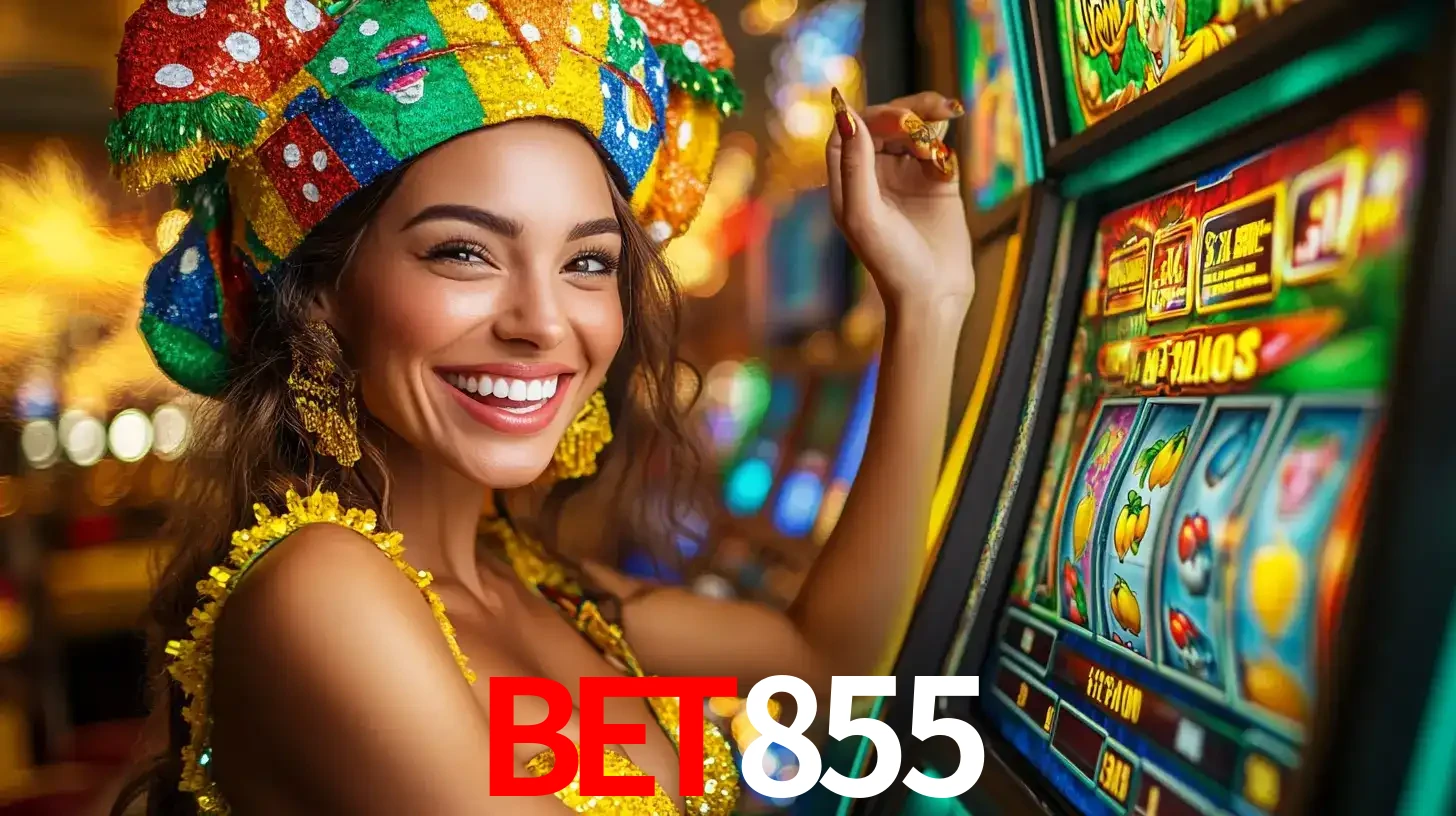 Mulher feliz com traje de carnaval amarelo e colorido ao lado de uma máquina de caça-níqueis, aproveitando a diversão e os jogos temáticos do cassino BET855.
