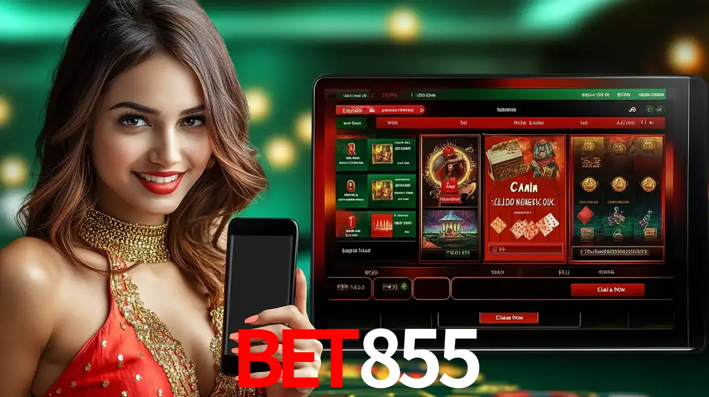 Mulher sorridente segurando um smartphone, ao lado de uma tela exibindo o lobby de jogos do cassino online BET855, com várias opções de jogos de cartas e slots.